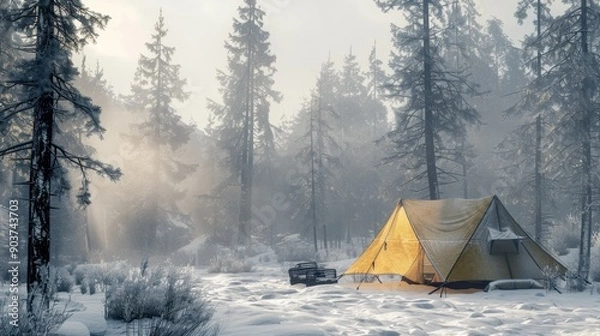 Obraz 21. Snow Camping, realistic style, earth tones, nature-inspired pattern, medium shot, natural light, fog,