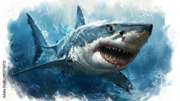 Fototapeta Fierce great white shark with sharp teeth swims powerfully in the vast ocean, exuding danger and wildness