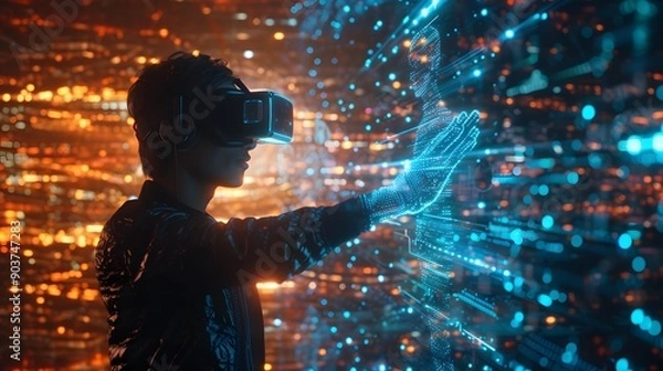 Obraz Immersive Virtual Reality Experience with Futuristic Digital Interface