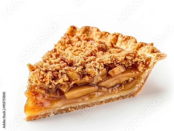 Fototapeta A delicious slice of salted caramel apple pie topped with a crumbly layer, inviting a taste of sweet comfort