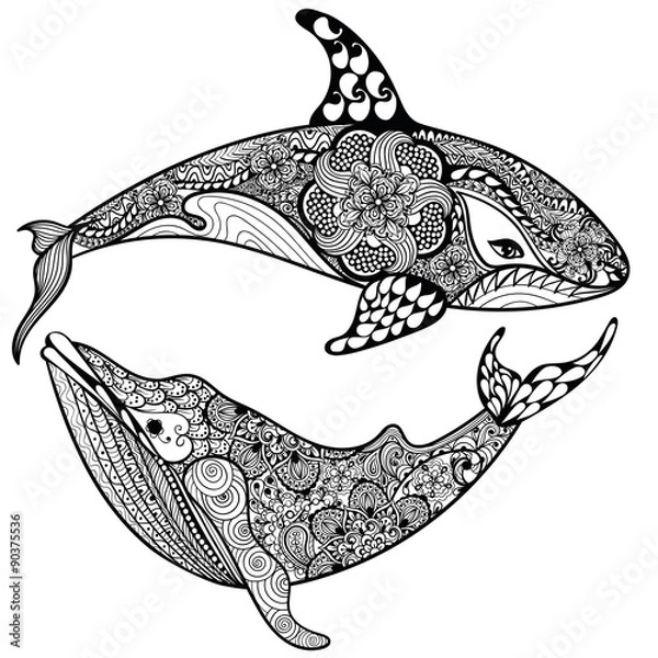 Obraz Zentangle stylized Sea Shark and Whale. Hand Drawn vector illust