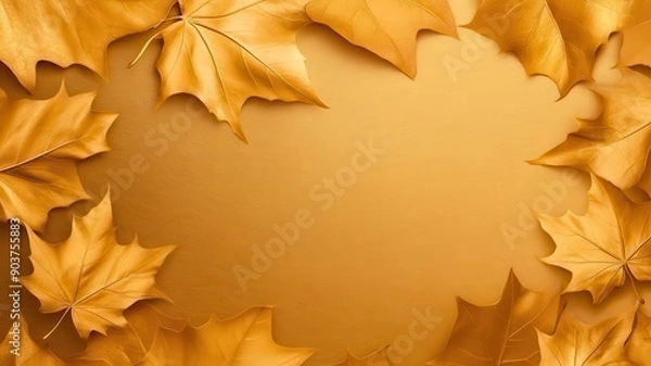 Fototapeta Golden autumn leaves creating a warm, inviting frame on a smooth background, perfect for fall-themed designs.