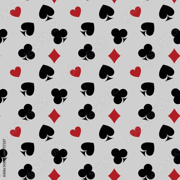 Fototapeta Pattern of playing card suits in modern style on gray background. Abstract vector illustration graphic design.