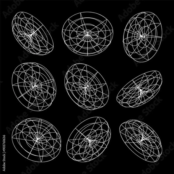 Fototapeta Wireframe lined shapes. Perspective mesh, 3d grid. Low poly geometric elements. Retro futuristic design elements, y2k, vaporwave and synthwave style. Vector illustration