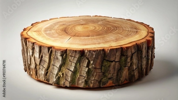 Fototapeta A rustic, weathered wooden tree slice trunk stump, with visible growth rings and natural imperfections, isolated on a light background, evoking a sense of forest serenity.