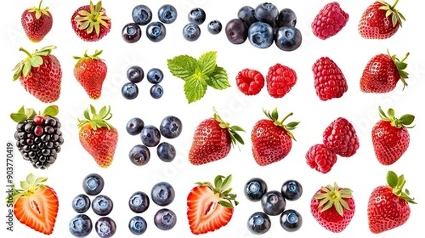 Fototapeta Fresh berries assortment isolated on white background, featuring strawberries, blueberries, raspberries, and blackberries in a vibrant set