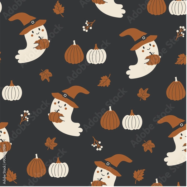 Fototapeta Halloween seamless pattern. Vector illustration of Halloween party. Pumpkins and cute ghost on a dark background. Holiday cartoon seamless pattern.