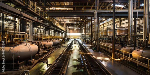 Fototapeta An industrial manufacturing facility showcasing large storage tanks and pipelines, illuminated by natural light from high windows, emphasizing a modern production environment