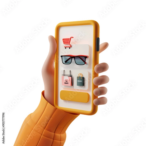 Obraz 3D rendering of a hand holding a smartphone with a shopping app open.
