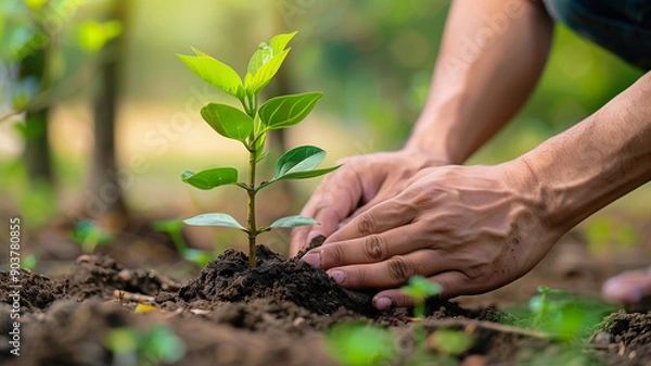 Fototapeta A close-up of hands planting a tree sapling, symbolizing sustainable development and environmental goals. Ai generated