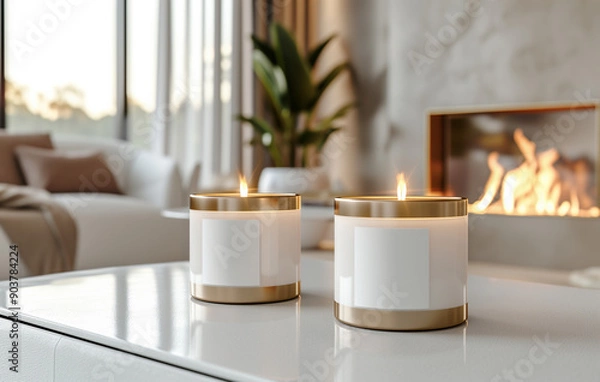 Fototapeta Two elegant scented candle jars with blank labels sit on table in the cozy living room with fireplace, enhancing warm, tranquil ambiance.