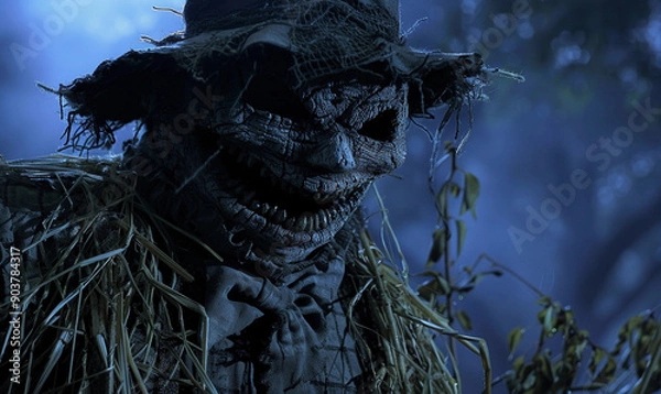 Obraz Creepy scarecrow with glowing eyes in the woods at night. Perfect for Halloween projects