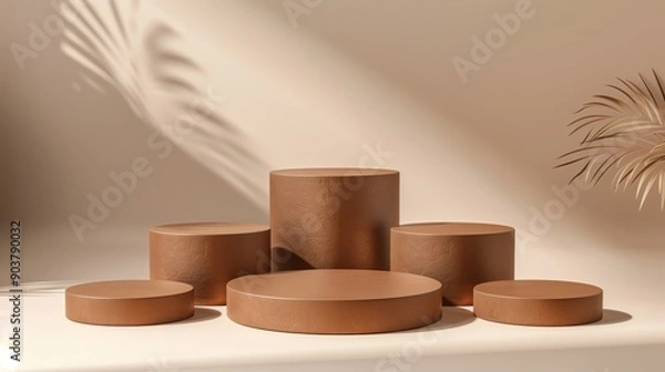 Fototapeta Six Minimalist Brown Khaki Toned Round Podiums for Product Presentation on Empty Background. Ideal for E-commerce and Advertising Displays, Showcasing Minimalist Style and Elegance