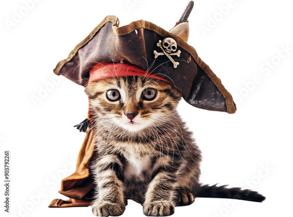 Fototapeta mischievous kitten dressed in a pirate outfit isolate on transparent background