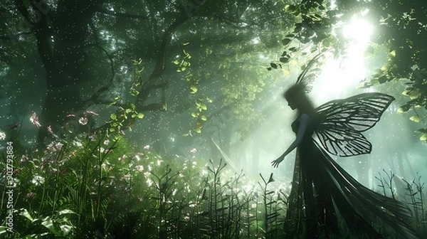 Fototapeta A mystical fairy with large wings stands in a sunlit forest.