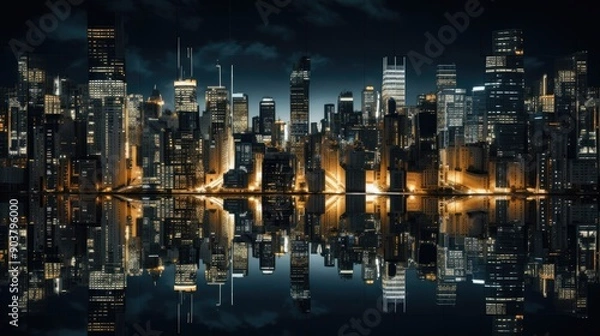 Obraz Aerial shot of a symmetrical urban cityscape at night