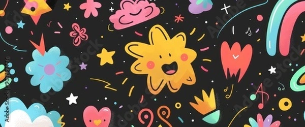 Fototapeta Colorful abstract doodles of flowers, lightning, stars, and hearts on a black background - Generative ai