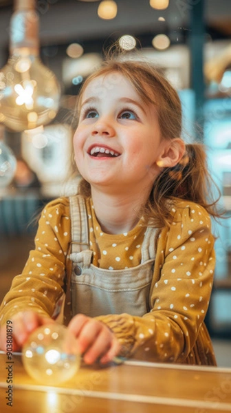 Fototapeta A joyful girl interacts with colorful light bulbs in a cozy cafe environment