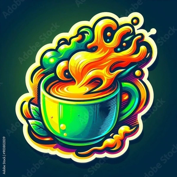 Fototapeta A colorful, stylized illustration of a steaming cup of hot beverage, with swirling, vibrant orange and yellow steam.  Generative AI