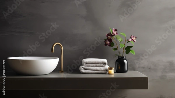 Fototapeta Chic and elegant bathroom interior, Dark tones, Concrete wall and gold tap 