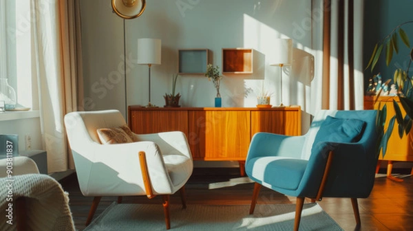 Obraz A cozy retro-inspired living room bathed in warm sunlight, featuring stylish mid-century modern furniture and a serene ambiance.