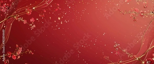 Fototapeta Red background, vector illustration, gold line drawing style with small flowers on the left and right sides of the picture
