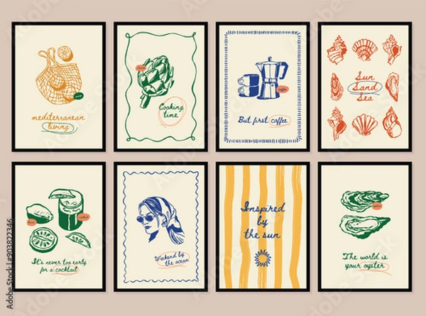 Fototapeta Minimalist hand drawn travel vector illustration collection. Art for postcards, branding, logo design, background.	
