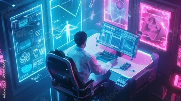 Fototapeta A focused male scientist analyzes data at a futuristic workstation with vibrant blue and pink holographic displays.