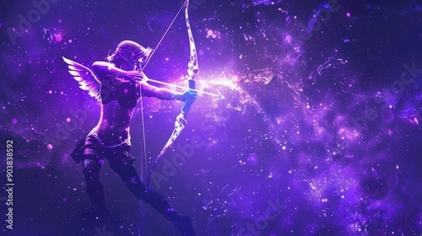 Fototapeta A luminous archer aiming into outer space, in an unearthly artistic style, against the background of a dark galaxy. The concept of astrology and zodiac signs. Sagittarius.