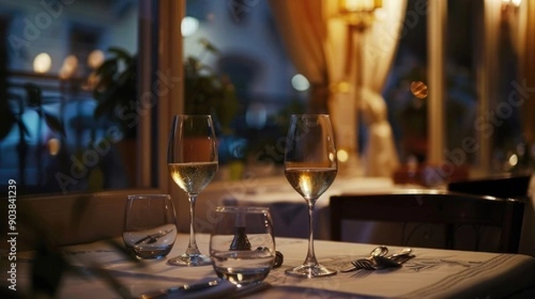 Fototapeta A table setting with two glasses of wine and an empty space for dinner or social gathering