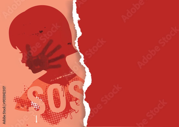 Obraz 
Violence against children, red ripped paper banner template. 
Little girl head grunge silhouette with with hand print after hand slap and SOS sign. Place for your tex or image. Vector available.	