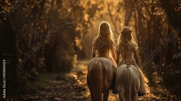 Fototapeta Two riders on horseback in a forest, captured in golden morning light.