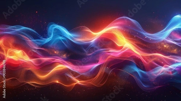 Fototapeta Abstract glowing waves of blue, orange, and red light.