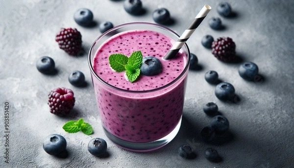 Obraz Refreshing Purple-Blueberry Smoothie with Mint Garnish and Scattered Blueberries on Textured Grey Surface, Top View.