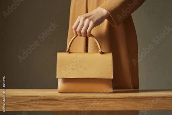 Fototapeta Close-up of an elegant beige handbag being held by a person in a minimalist setting, showcasing refined fashion and simplicity, in quiet luxury style