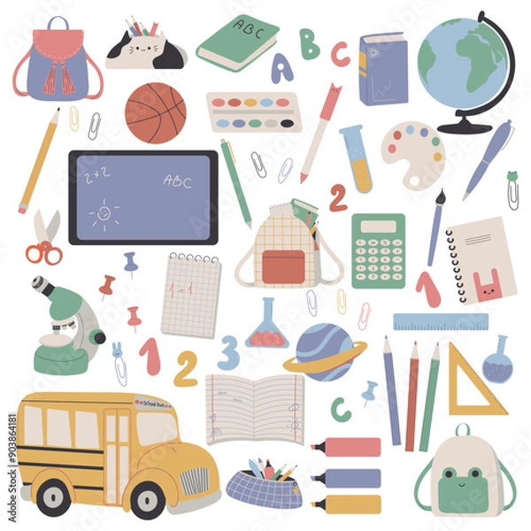 Obraz Set of cute school stationery in cartoon style. Cute accessories for studying, student equipment. Back to school elements.