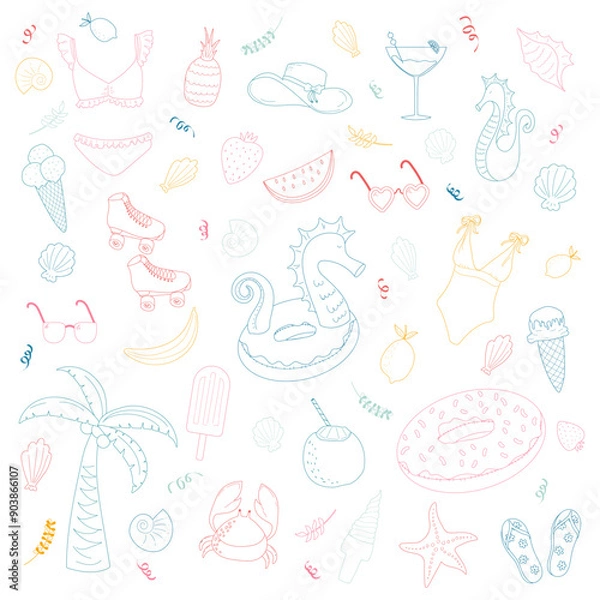 Obraz Set of cute doodle cartoon summer elements: ice cream, swimwear, pool ring, fruits, seashells, etc. Summer time concept for posters, stickers, design, scrapbooking.