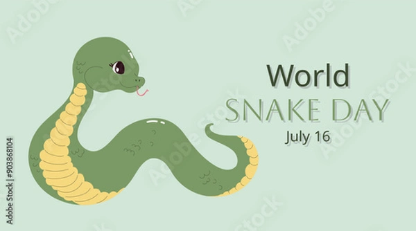 Obraz Minimalistic horizontal banner for July 16th World Snake Day. Cute cartoon snake. Holiday concept