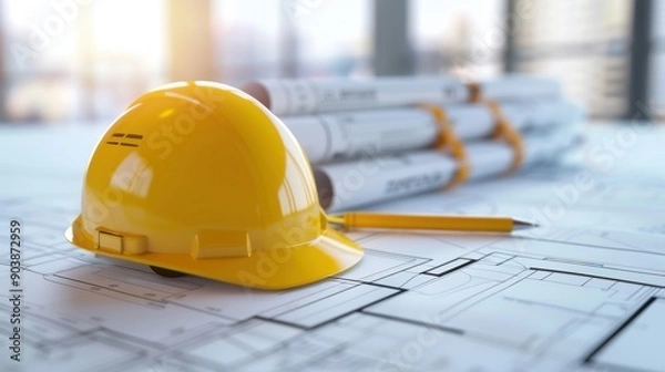 Fototapeta A bright yellow hard hat rests on architectural blueprints, alongside rolled-up plans and a pencil, symbolizing construction and engineering work