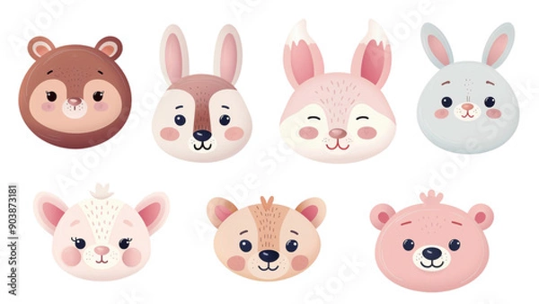 Fototapeta A set of cartoon animal faces with a variety of expressions. The faces include a rabbit, a bear, a deer, a rabbit, a bear, a deer, and a rabbit