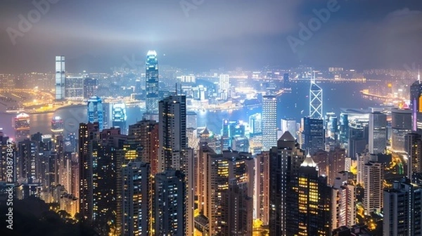 Fototapeta A night view of a cityscape with many skyscrapers and bright lights.