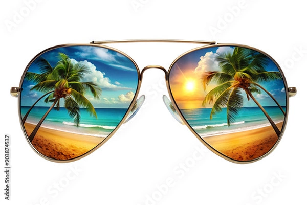 Fototapeta Reflective sunglasses with palm tree image. Insulated on a transparent background.