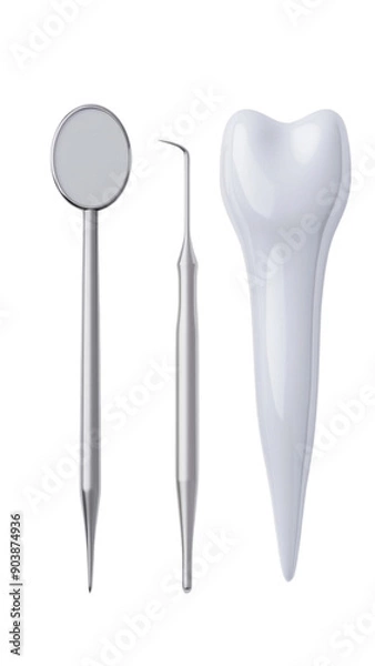 Fototapeta A set of dental tools including a mirror, probe, and scaler. Concept of professionalism and cleanliness, as the tools are all white and well-organized