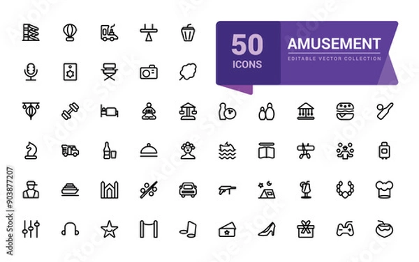 Fototapeta Amusement icon collection. Set of outline icons related to entertainment. Linear icon collection. Editable vector stroke.