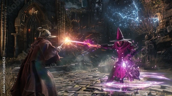 Fototapeta A video game screenshot of two mages battling each other.