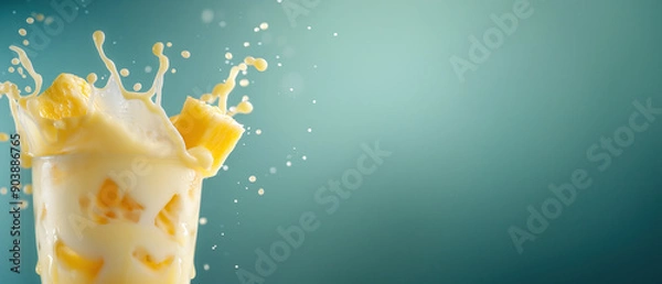 Fototapeta Pina colada cocktail with splashes, on a teal background with copy space for text