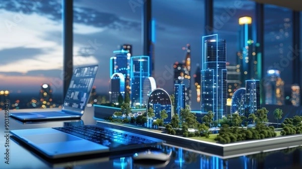 Obraz Cityscape Model on Desk with Laptop