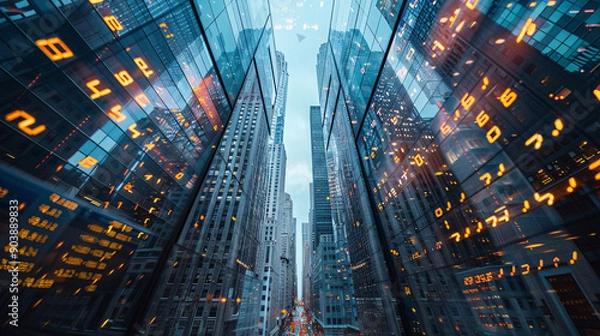 Fototapeta Dynamic Financial District Skyline with Skyscrapers and Stock Market Data