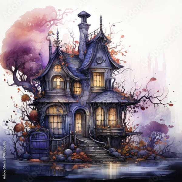 Obraz Watercolor Haunted house, clipart Illustration, Generative Ai