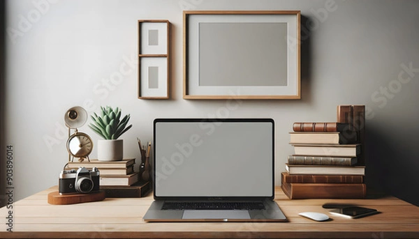 Fototapeta a laptop with a blank screen as its centerpiece. A wooden desk holds a collection of books